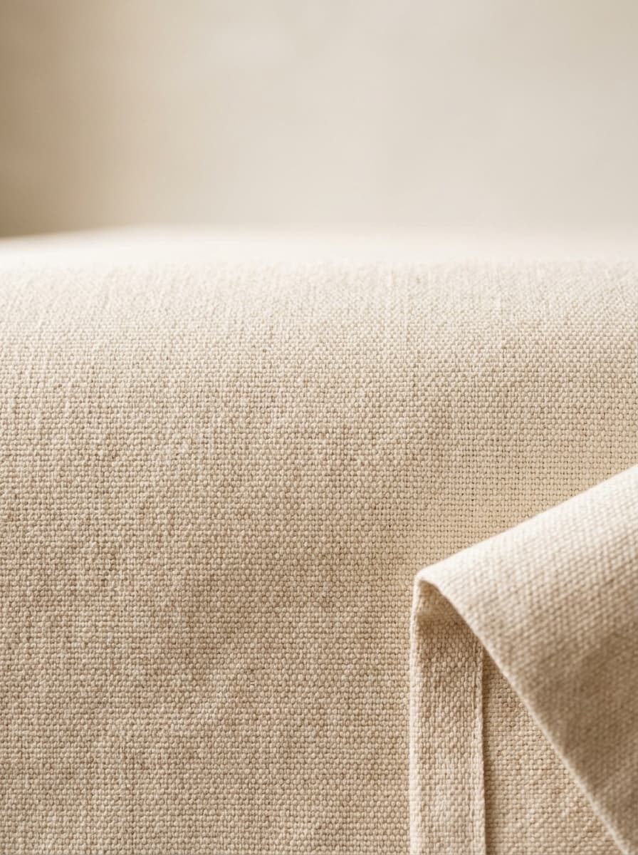 Close-up of natural cotton canvas weave, with the fabric folding over a corner.