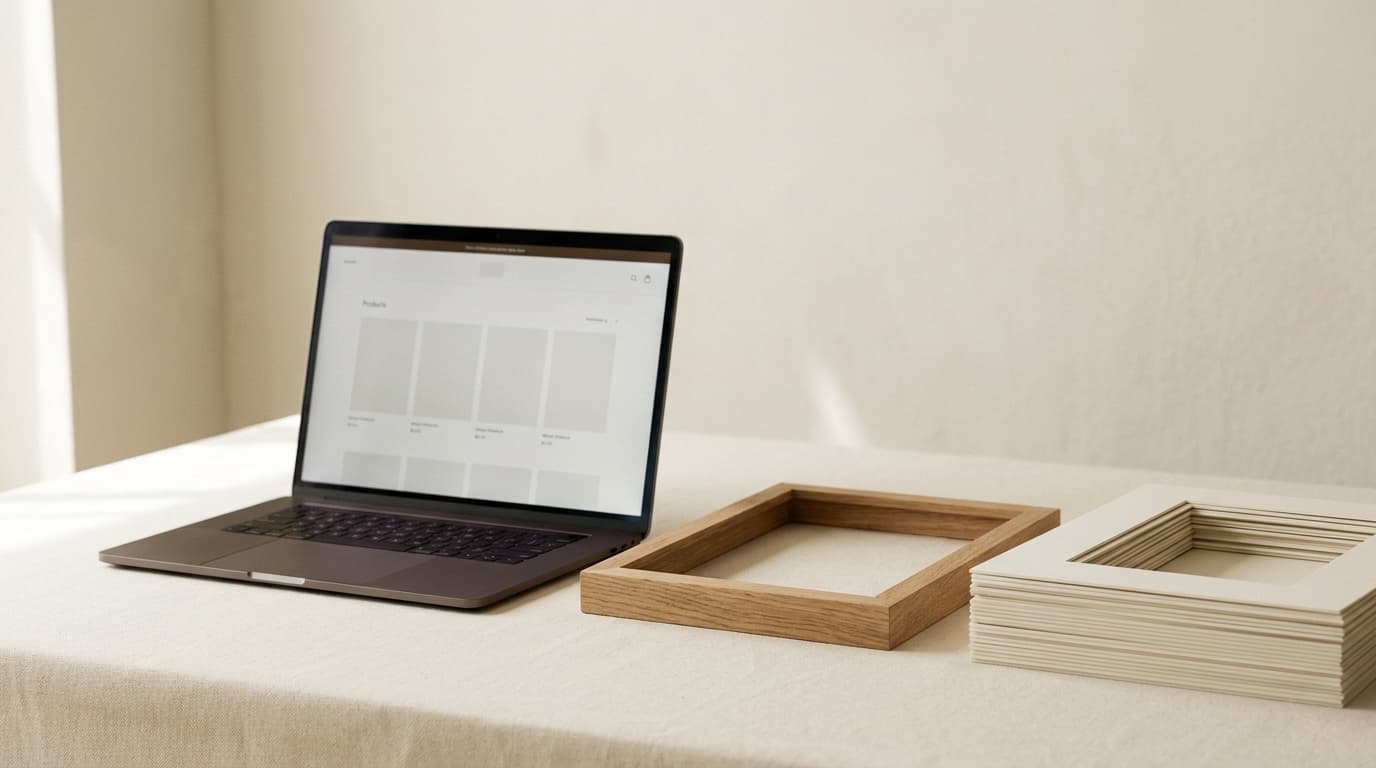 A laptop showing a shop's product grid on a linen-covered table, next to an empty oak frame and a stack of cream mats.