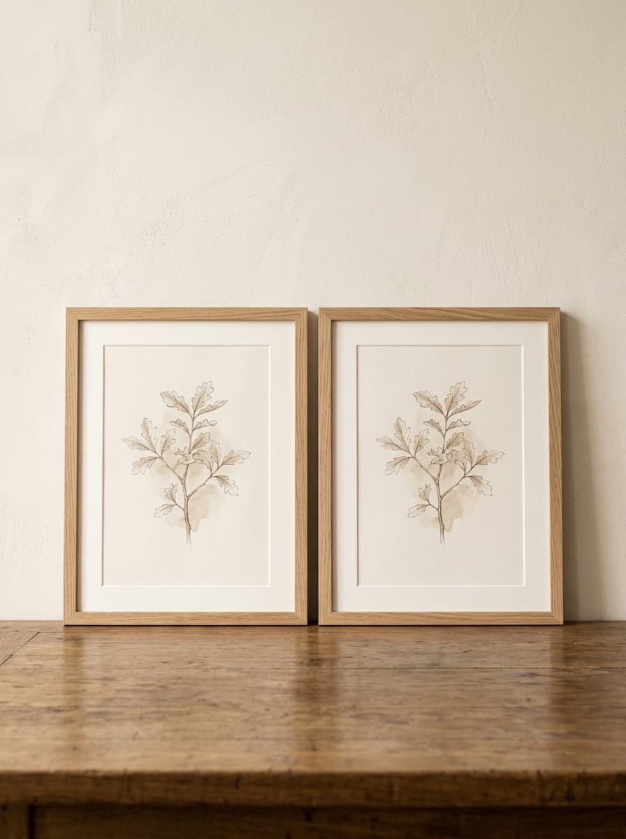 Two identical botanical prints in matching oak frames, standing side by side on a wooden table.