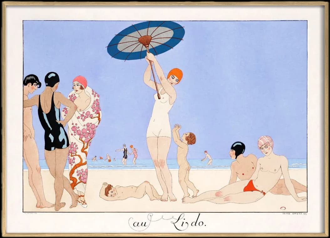 George Barbier's Au Lido, bathers under a parasol on a beach, in a landscape oak frame.