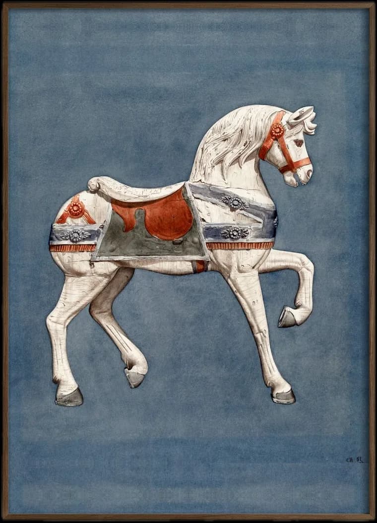 A watercolour of a carved carousel horse on a blue ground, in a walnut frame.