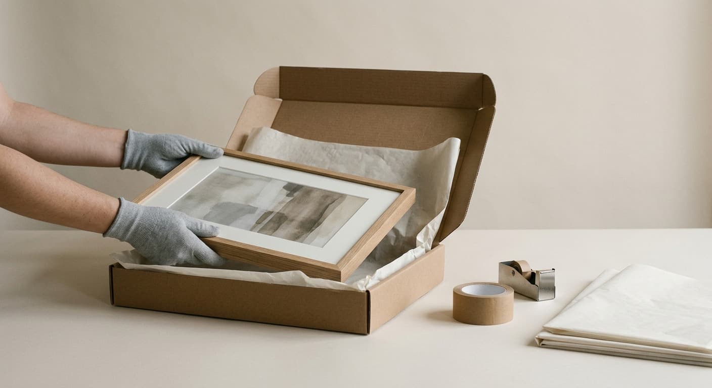 Gloved hands lowering an oak-framed print into a padded mailer box lined with tissue paper, beside a roll of paper tape.