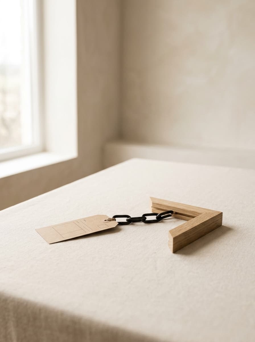 A kraft price tag linked by a short black chain to a corner of oak moulding on a linen-covered table.
