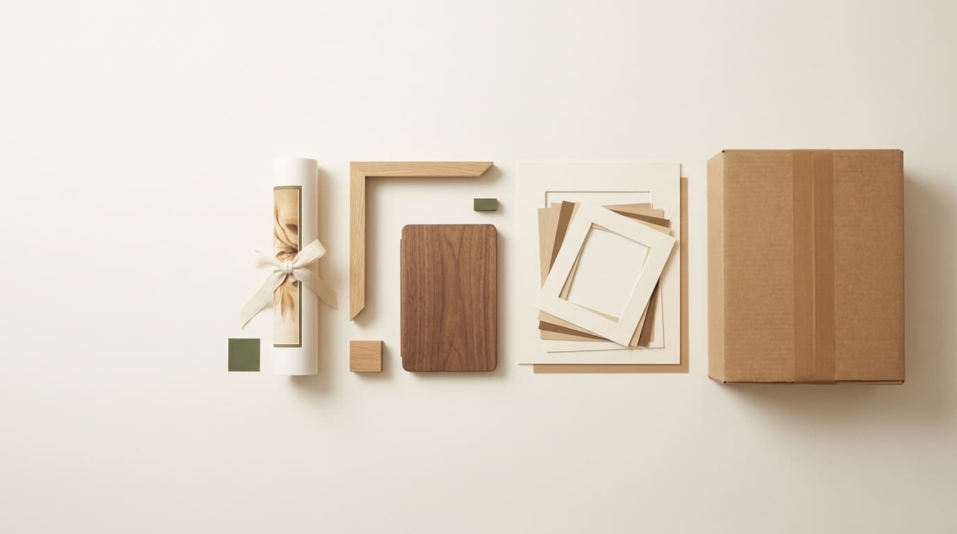 The contents of a sample box laid out in a row: a rolled print tied with ribbon, an oak moulding corner, a walnut swatch, and the kraft box itself.