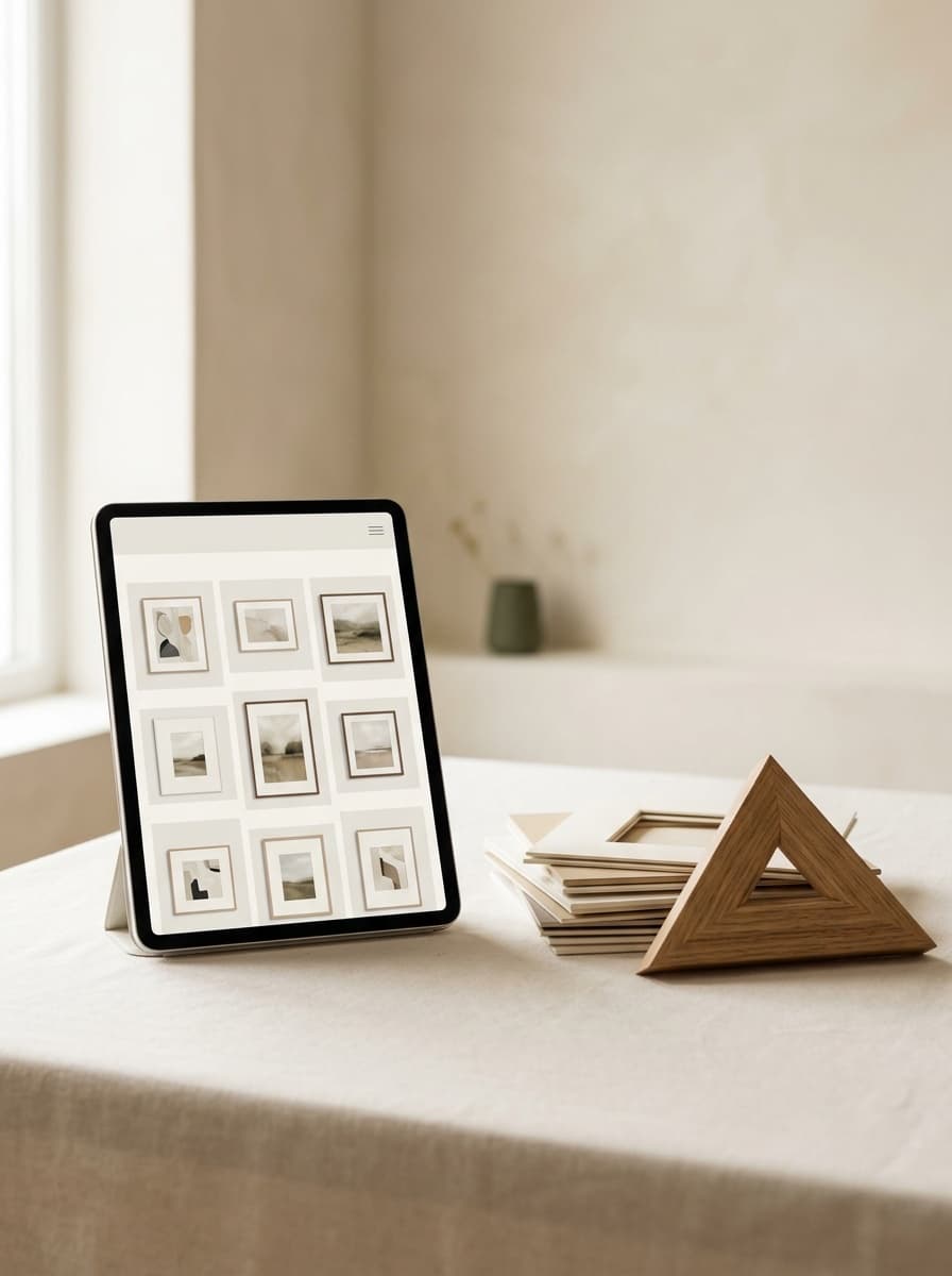 A tablet propped on a table showing a grid of framed prints, beside a stack of mats and an oak frame corner.