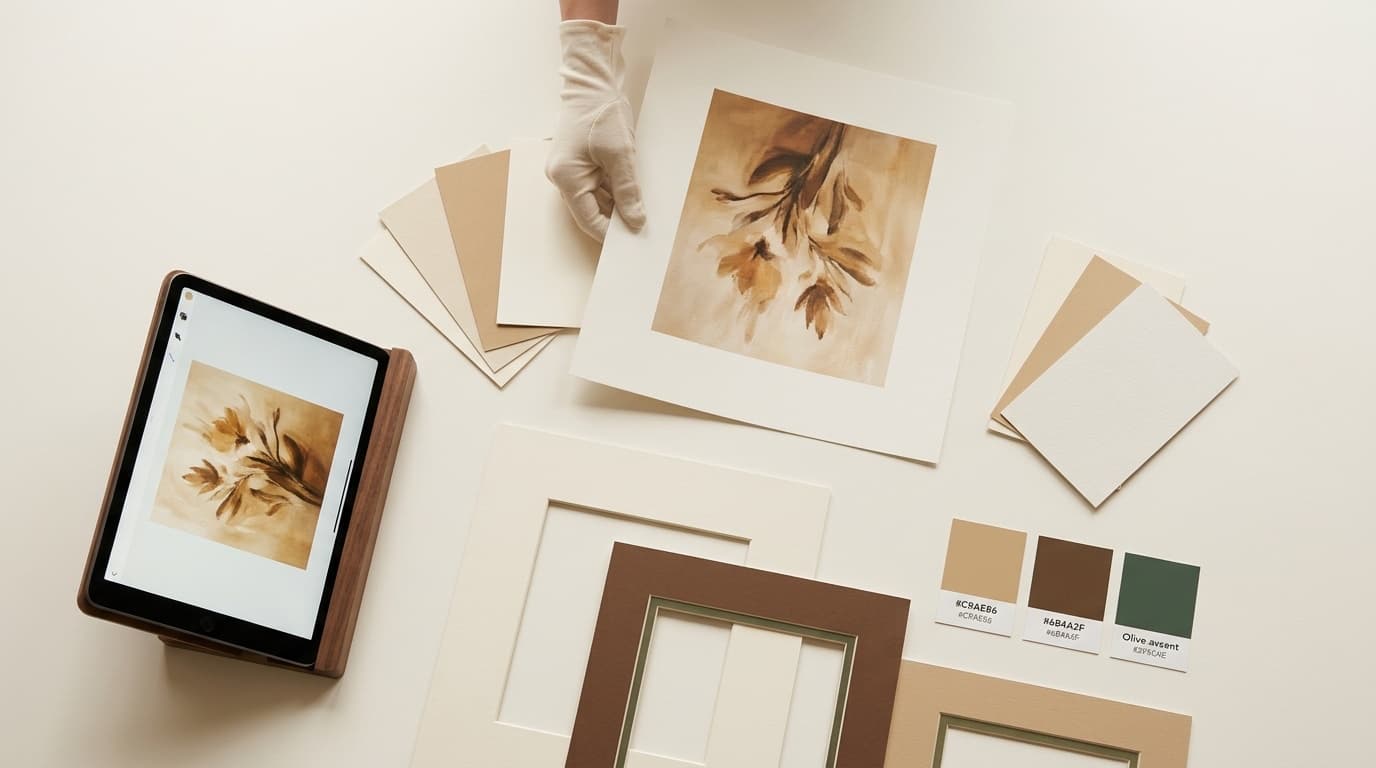 Overhead view of a print laid out with paper swatches, cream and walnut mats, colour chips, and a tablet showing the same artwork.