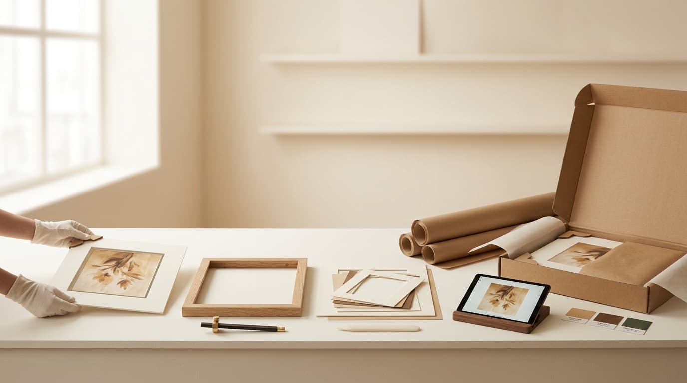 A workshop bench holding a matted print, an oak frame, a stack of mats, a tablet, rolls of kraft paper, and an open shipping box.